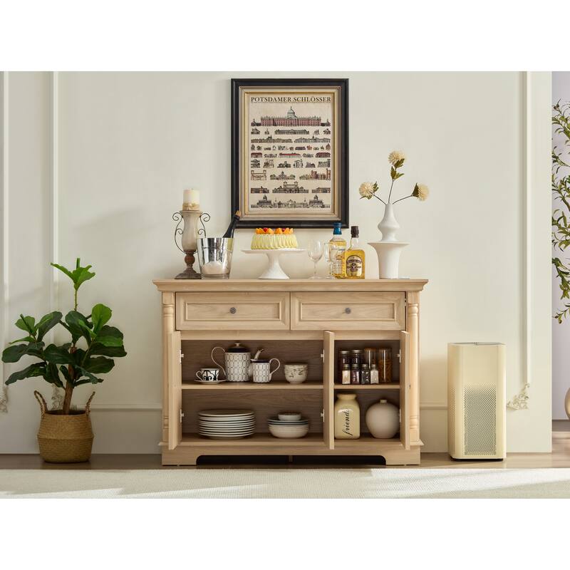 Farmhouse Style Kitchen Storage Cabinet, Large Wall Cabinet with Drawers and Doors in Roman Column Shape, Wooden Coffee Bar