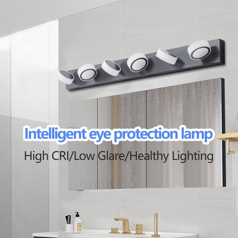 45" Modern 6-Light LED Vanity Light, Sleek Black Bathroom Wall Light Fixture