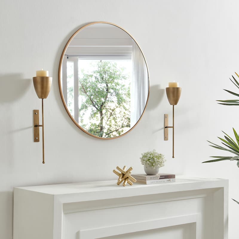 Antique Brass Mid-Century Modern Metal Wall Mount Vertical Pillar Candle Sconces Set of 2