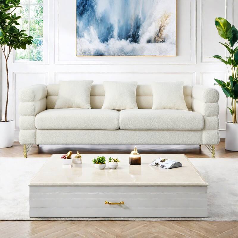 81" Fabric 3-Seater Sofa with 3 Pillows,Soft Sitting for Living Room,Bedroom - Ivory