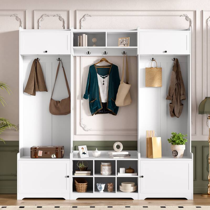 4-in-1 Entryway Bench with 8 Cubbies, 7 Coat Hooks & Adjustable Shelf,Modern Hall Tree with Shoe Storage