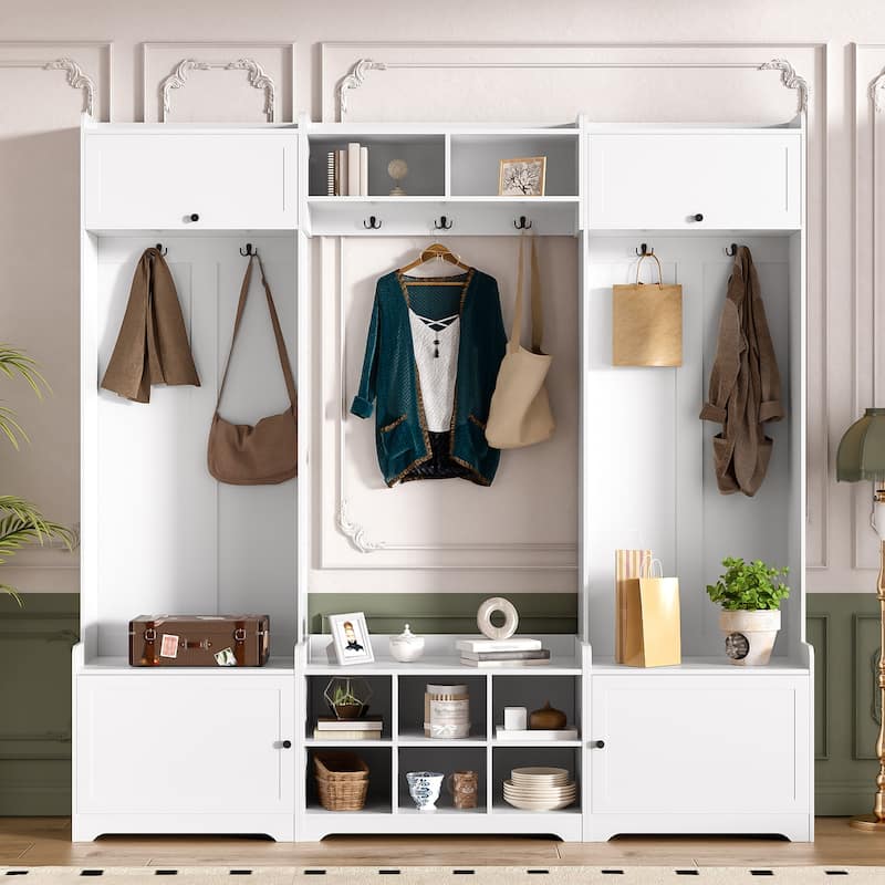 79.1" Wide Modern Hall Tree with Shoe Storage, 8 Cubbies & 7 Coat Hooks - Entryway Bench with Adjustable Shelf