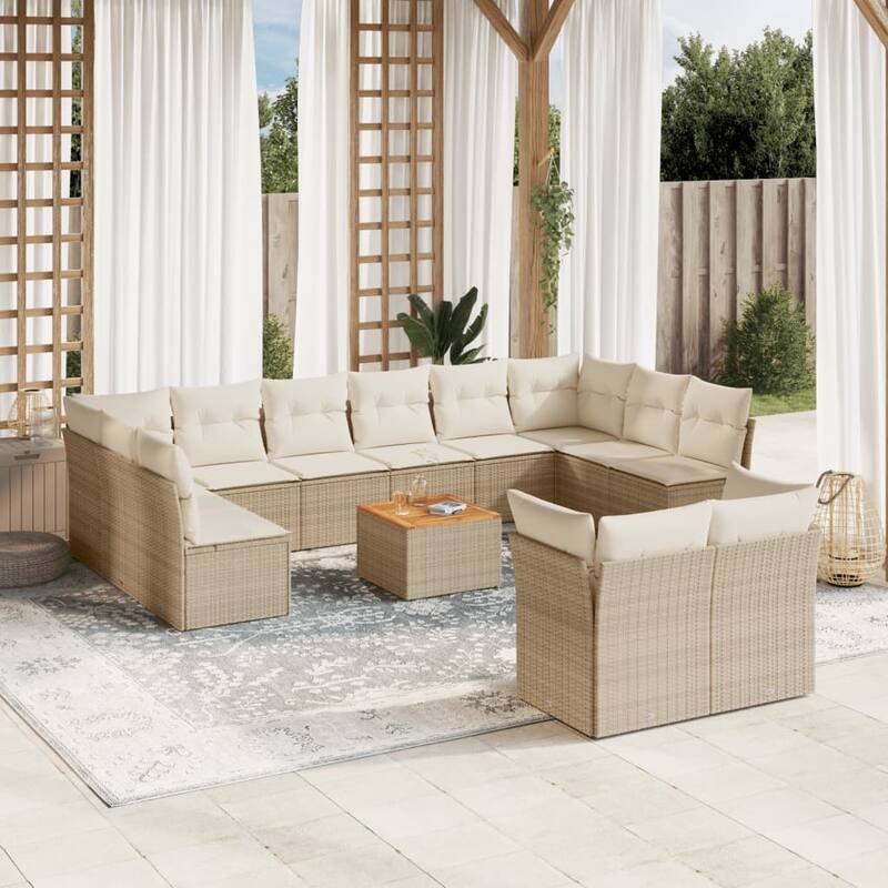 vidaXL Patio Sofa Set with Cushions Outdoor Furniture 13 Piece Poly Rattan - 24.4 x 24.4 x 27.2 - Beige and Cream