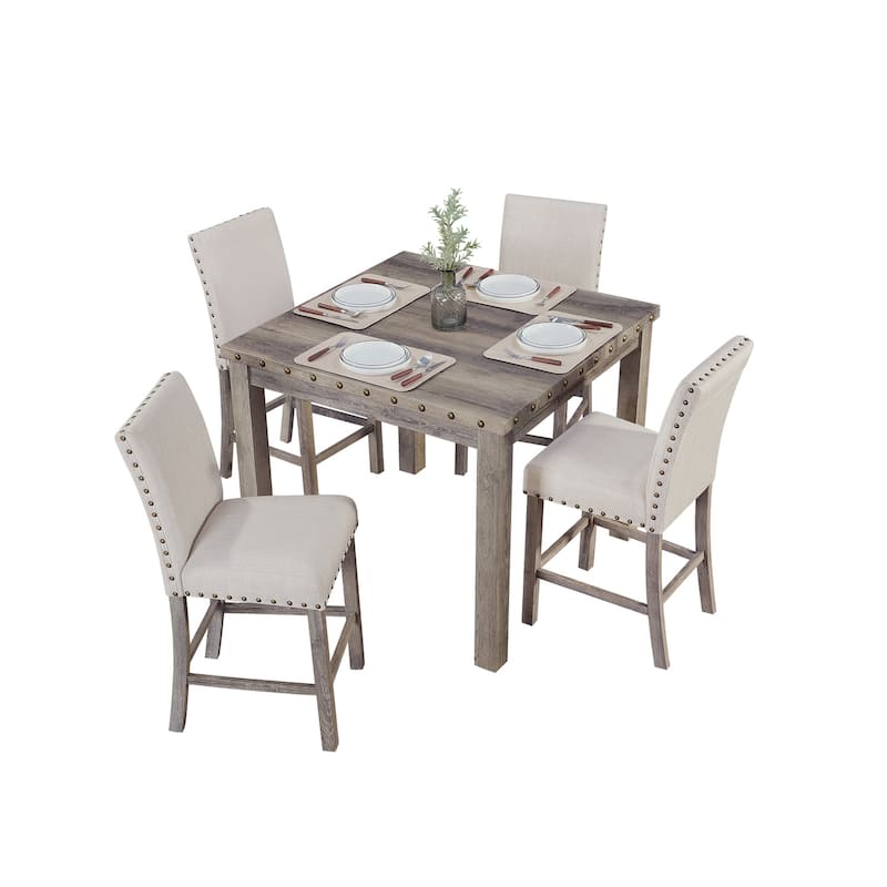 Morden Fort Farmhouse Style 5-piece Square Bar Table Set, 4 Upholstered Counter Stools with Bar Table Dining Set