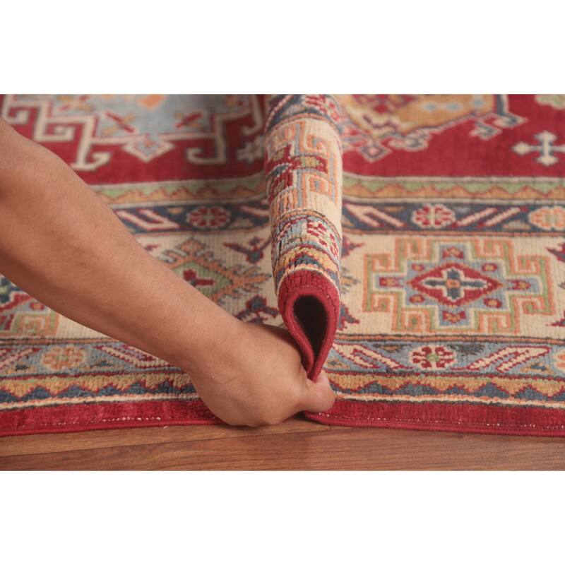 Red Geometric Kazak Oriental Area Rug Handmade Wool Carpet - 6'4" x 9'9"