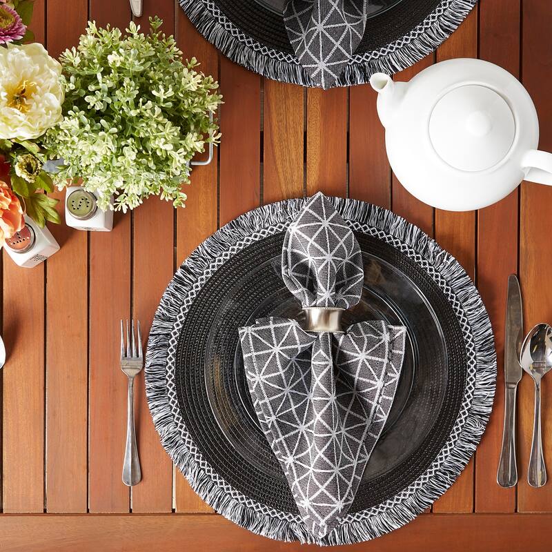 Round Fringed Woven Placemats - 14.75" - Black and White - Set of 6
