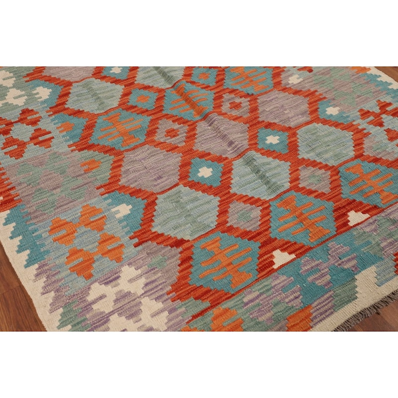 Kilim Reversible Oriental Area Rug Hand-Woven Multi-Color Wool Carpet - 5'0"x 6'4"