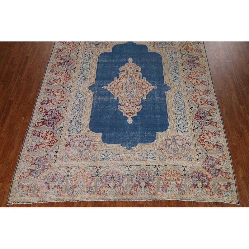 Blue Distressed Kerman Persian Vintage Area Rug Handmade Wool Carpet - 9'3" x 11'10"