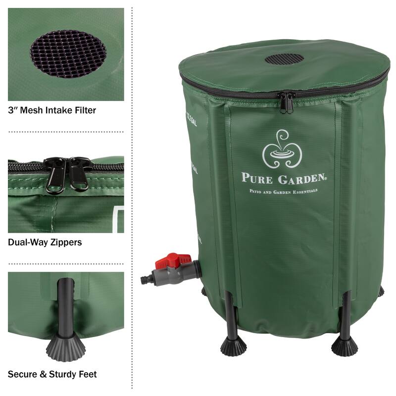 Rain Barrel - Collapsible Water Container for Catching Rainwater - Portable Water Tank with Outflow Valve by Pure Garden (Green)
