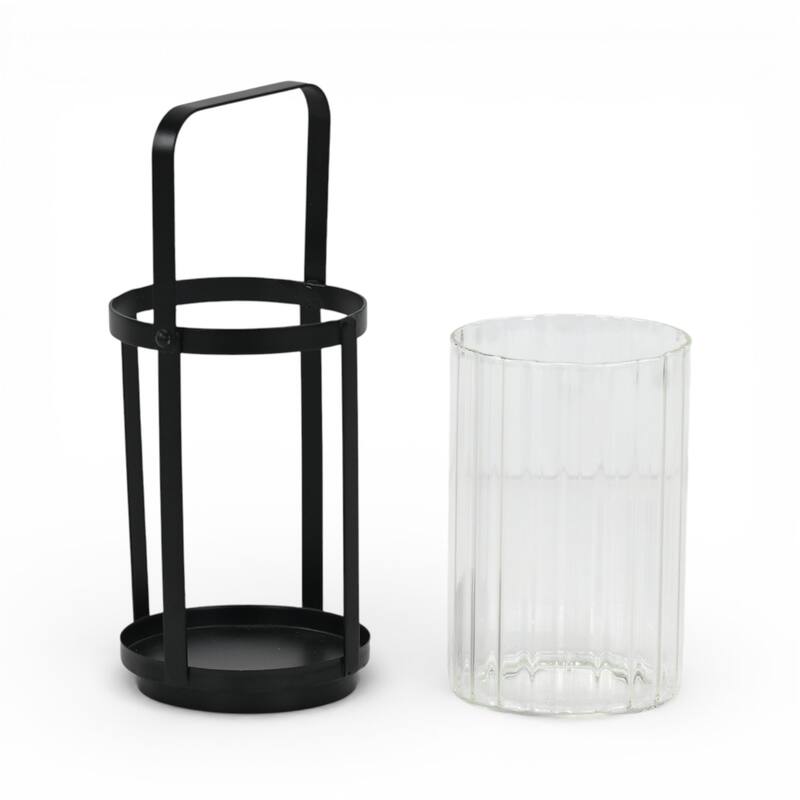 Vortial Fluted Glass Candle Lantern with Black Metal Frame