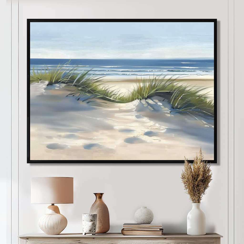 Designart "Soft Coastal Dunes Scenery" Beach Framed Wall Art - Nautical & Coastal Wall Decor Art Yellow Wall Art Print