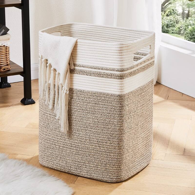 Laundry Hamper-Laundry Basket,Tall Cotton Storage Basket with Handles - 16*13*22 - Beige