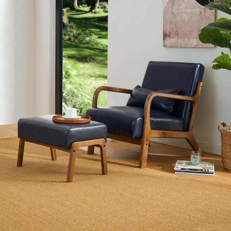 Glitzhome 30.75"H Mid-Century PU Leather Armchair with Ottoman Set