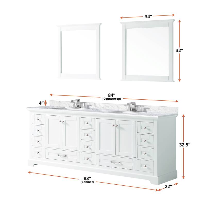 Dukes 84 in. W x 22 in. D Navy Blue Double Bath Vanity, Carrara Marble Top, Faucet Set, and 34 in. Mirrors
