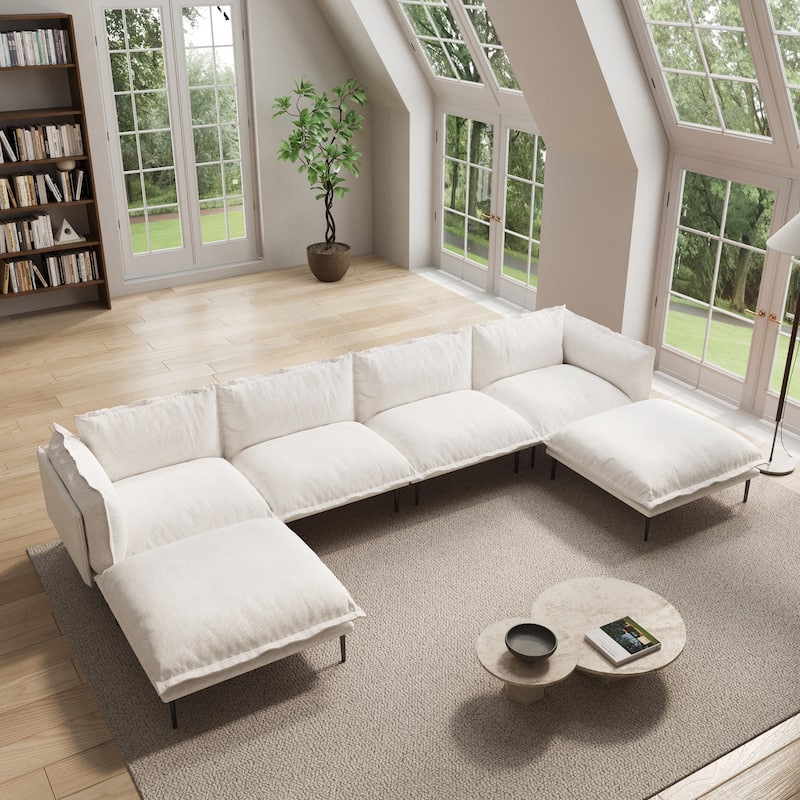Living Room Furniture Velvet Sectional Sofa U-shaped Modular Sofa Deep Seat Upholstered Cloud Couch - Beige