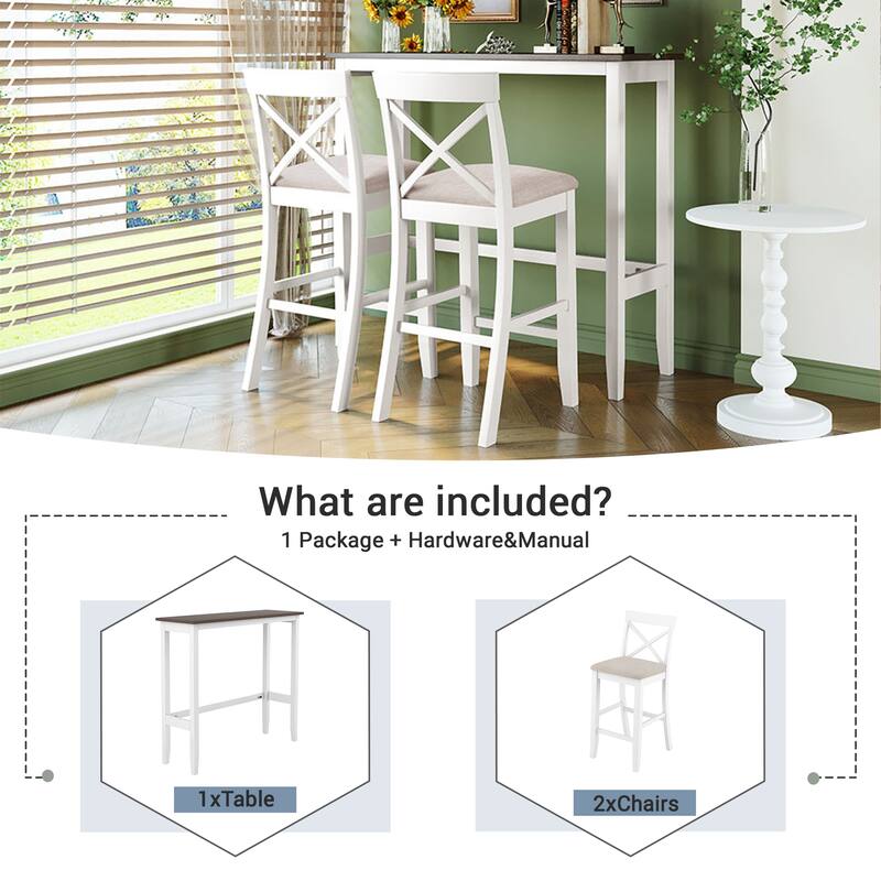Farmhouse Rectangular Wood Bar Height Dining Set, 3-Piece Kitchen Breakfast Nook with 2 Chairs for Dining Room, Kitchen