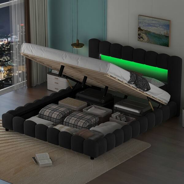 slide 2 of 8, Queen Size Platform Bed with LED Headboard and Large Underneath Storage, Upholstered Bed with Support Legs, Grey Grey