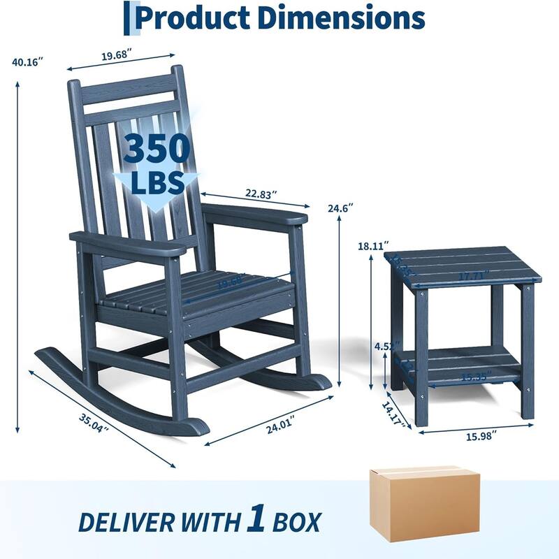 2-Piece HDPE Rocking Chair Set with Table All-Weather High-Back Porch Rockers for Adults Black