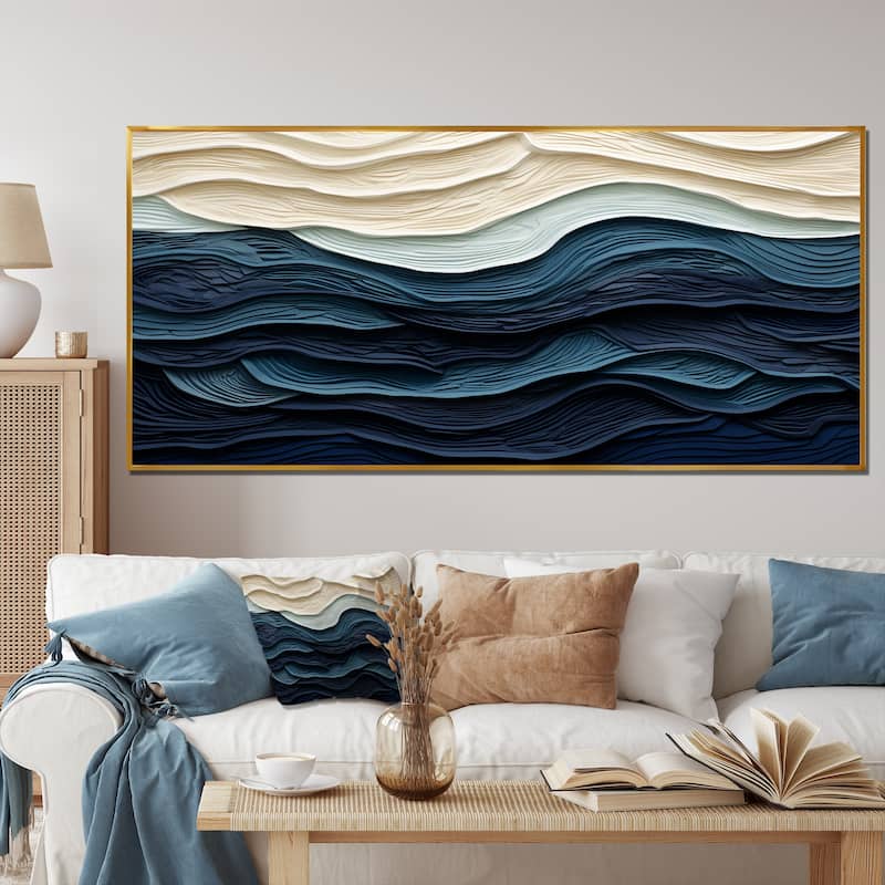 Designart "Blue And White Coastal Wave S Edge" Coastal Minimalism Blue Wall Decor Coastal Living Room Framed Canvas Art - 60 in. wide x 28 in. high - Gold