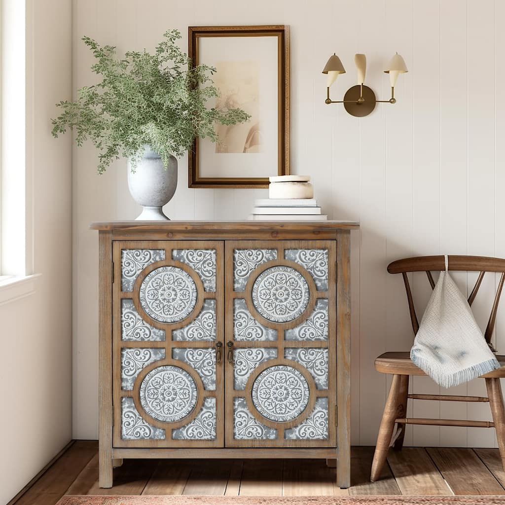 Floral Lattice Metal 2-Door Farmhouse Pine Wood Storage Cabinet - 31.9" H x 31.5" W x 15.7" D