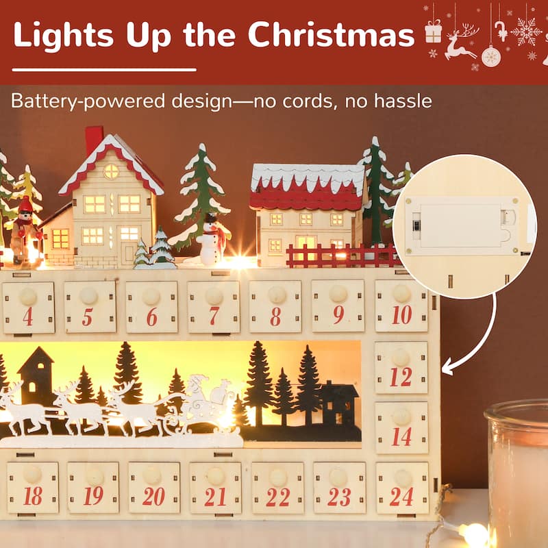 HOMCOM Christmas Advent Calendar with 24 Drawers, Reusable Lighted Wood-Effect Countdown , Battery Operated, Natural Tone