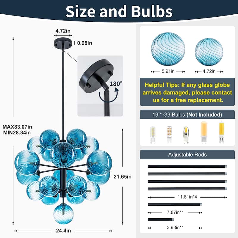 Starsky 19-Light Glam Tiered Cluster Blue Swirled Bubble Chandelier