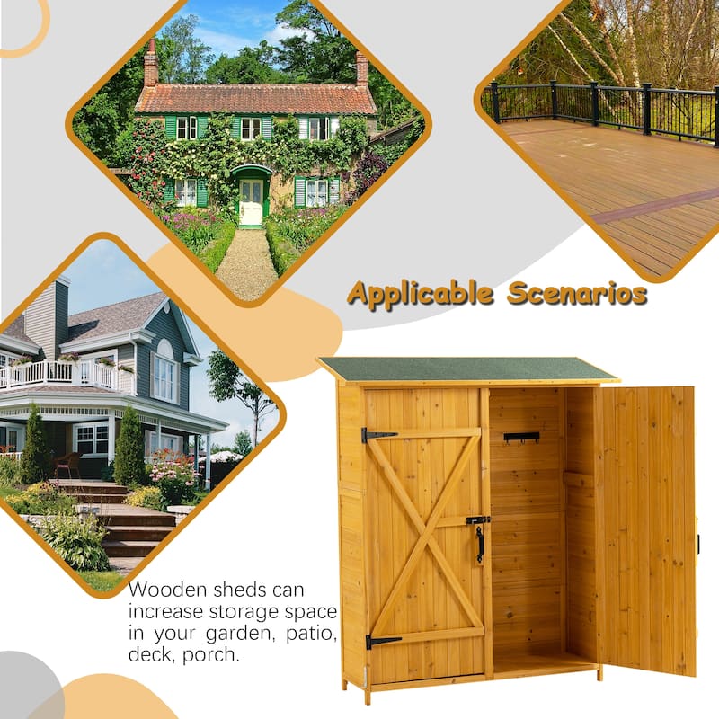 56"L x 19.5"W x 64"H Outdoor Storage Shed with Lockable Door, Wooden Tool Storage Shed w/Detachable Shelves & Pitch Roof