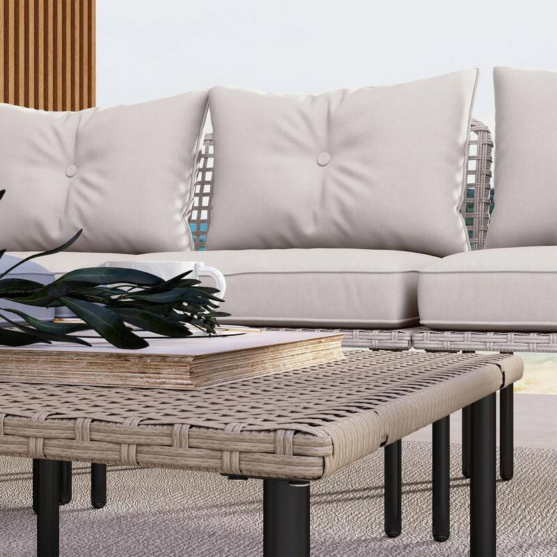 5PCS PE Rattan Patio Set, Sofa Chaise Coffee Table, White Weatherproof