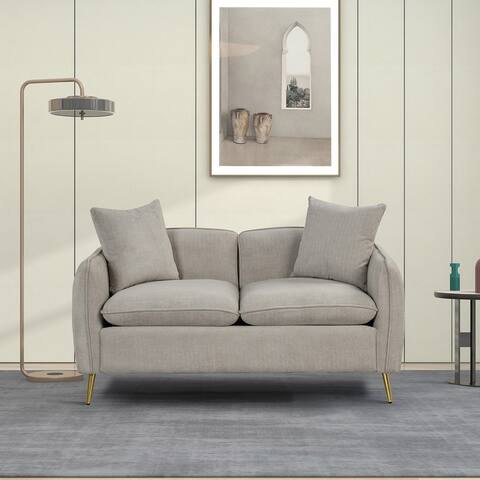 Velvet Upholstered Loveseat Sofa with 2 Pillows and Golden Metal Legs