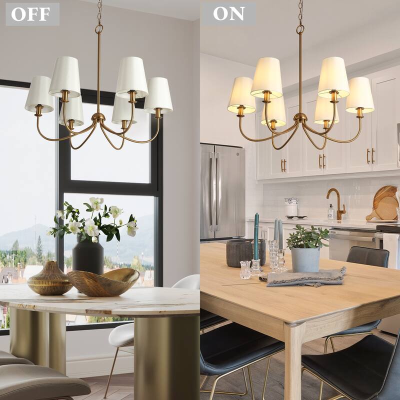 Mid-Century Modern Gold 6-Light Wheel Chandelier with Fabric Shade for Dining Room - 27" D x 24.5" H