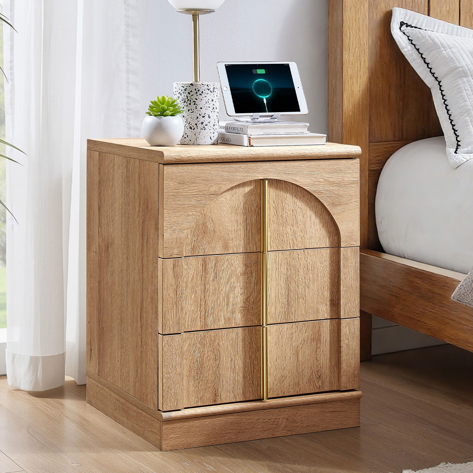 Modern Arched 3 Drawers Nightstand with Charging Station, Side Table