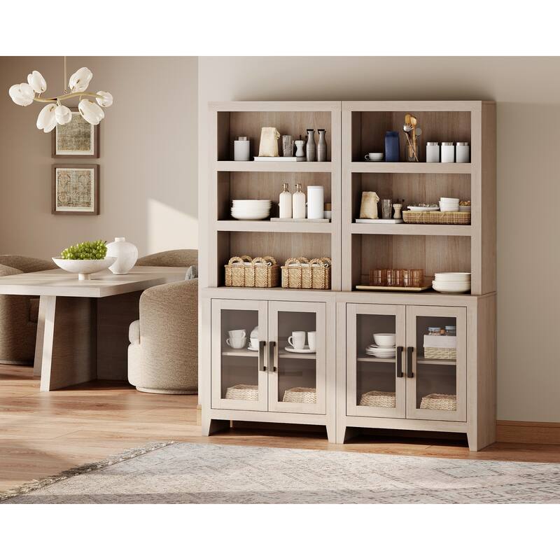 WAMPAT 3 Tier Bookshelf with Glass Door, 74" Tall Bookcase with Adjustable Shelf and Storage Cabinet, Farmhouse Wooden Bookshelf