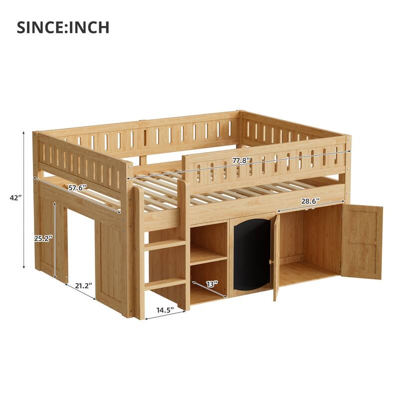 Roomfitters Full Size Loft Bed with Storage Cabinet, Open Shelves and Chalkboard Panel