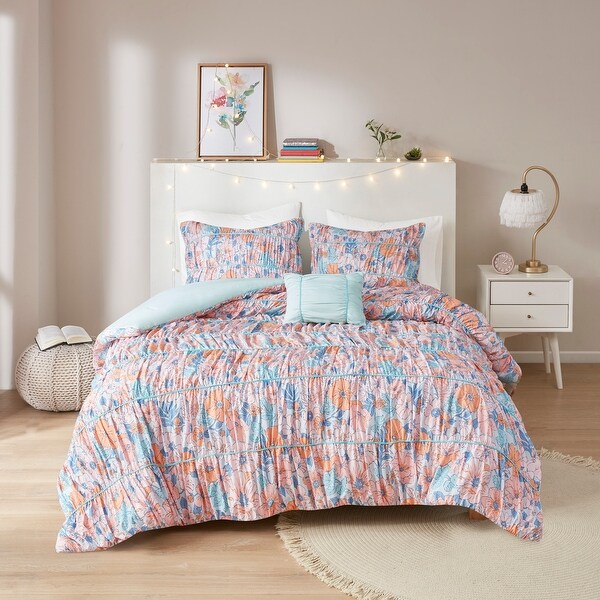 Eloise Pink Blue Floral Printed Ruched Comforter Set by