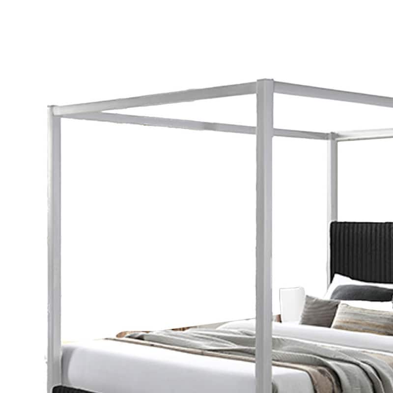 Keri King Size Canopy Bed, White Slatted Wood Frame, Black Upholstery