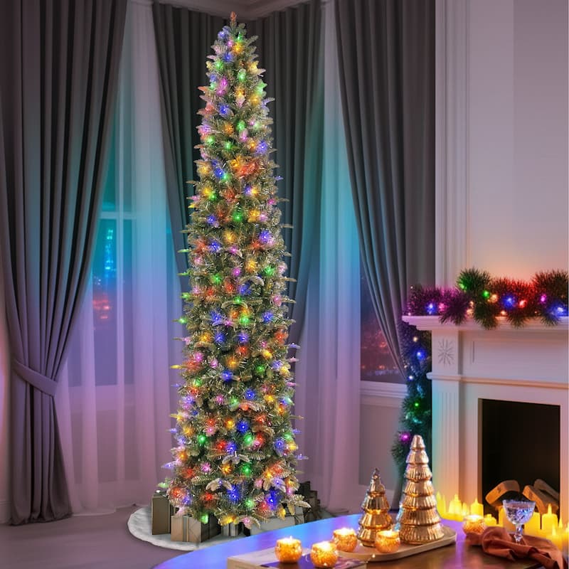Puleo International 9' Pre-Lit Artificial Yardley Spruce Pencil Tree with 450 Dual-Color LED Lights
