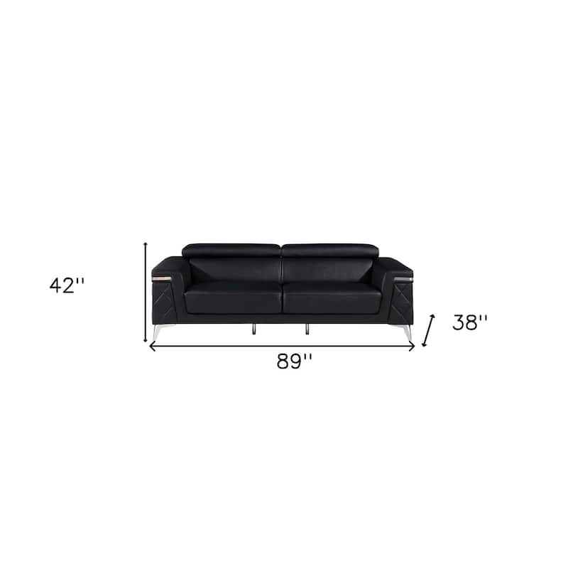 HomeRoots 89" Black Italian Leather Sofa With Silver Legs - 89