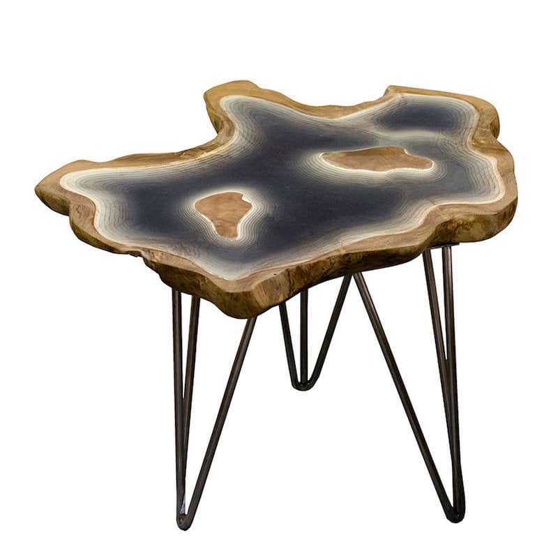 20 Inch Side Accent Table, Natural Edges, Hairpin Legs, Gray Resin, Brown