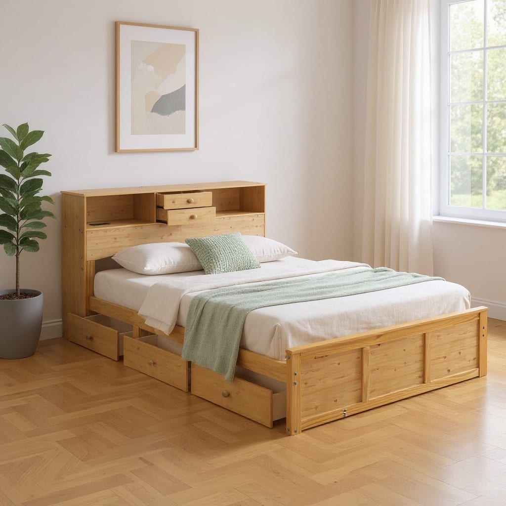 HomeRoots Natural Wood Full Bed Frame With Trundle And Drawers