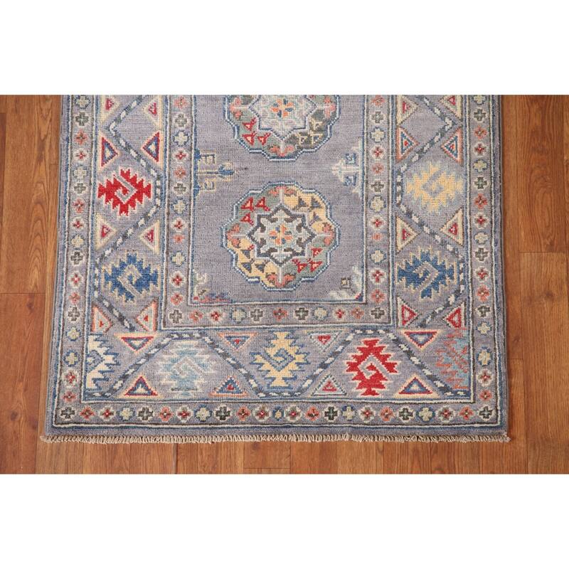 Geometric Gray Kazak Runner Rug Handmade Wool Carpet - 2'8" x 8'3"