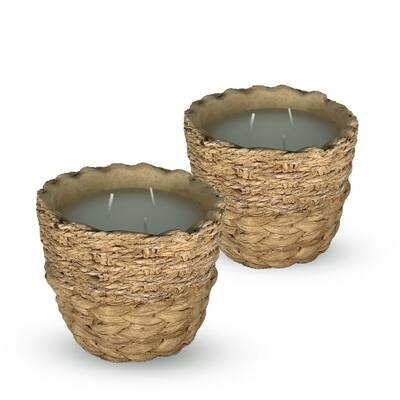 Set of Two 16 oz Rattan Look Rustic Candles with Ceramic Candle Jar