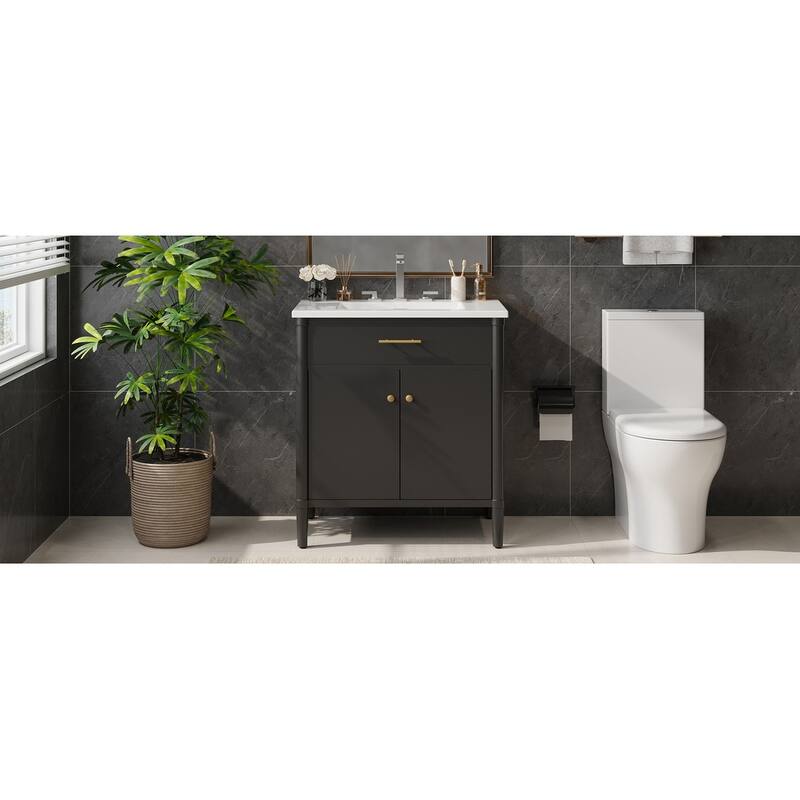 Bathroom Vanity with Ceramic Sink, Wooden Bathroom Storage Cabinet, Bathroom Cabinet with Soft Close Doors & Adjustable Shelf