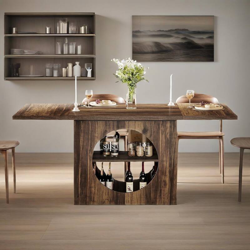 Brown Rectangular Dining Table with 2 Tier Storage Seats 4 to 6 Modern Wood Dining Table for Home - 62.2" x 31.1" x 29.53"