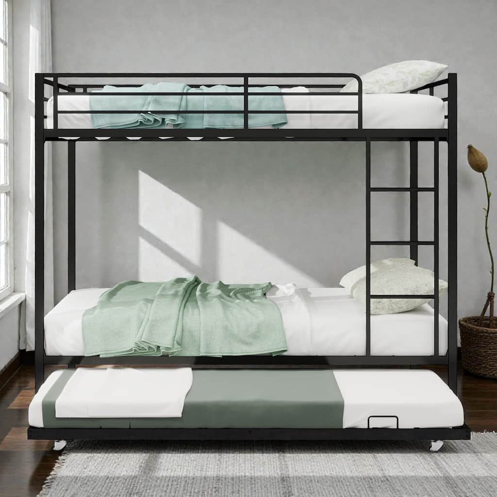 Durable Iron Bunk Bed with Twin Over Full Design, Trundle, Safety Rails, Ladder & Space-Saving Modern Metal Frame