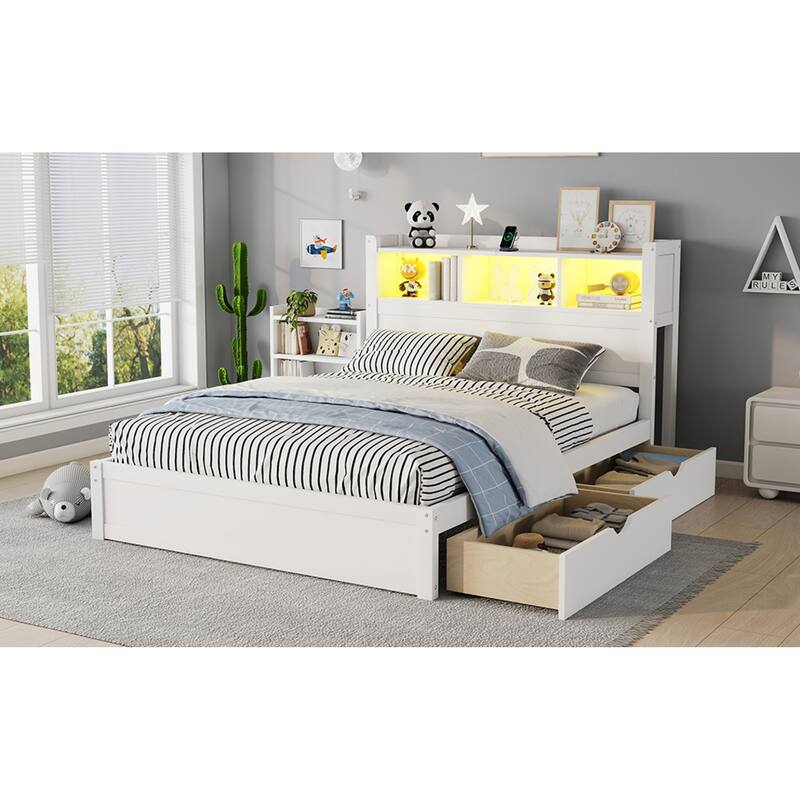 Roomfitters Twin/Full Platform Bed, LED Bookcase Headboard and Pull Out Storage Drawers with Wooden Frame for Bedrooms