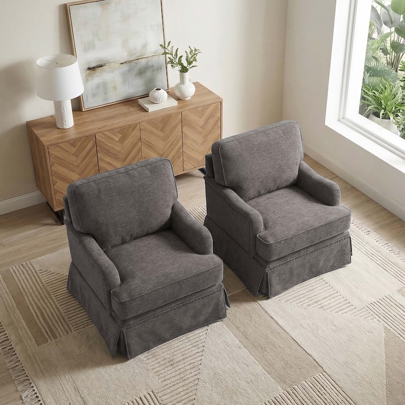 Set of 2 Chenille Swivel Accent Chair with Nailhead Trim Skirt