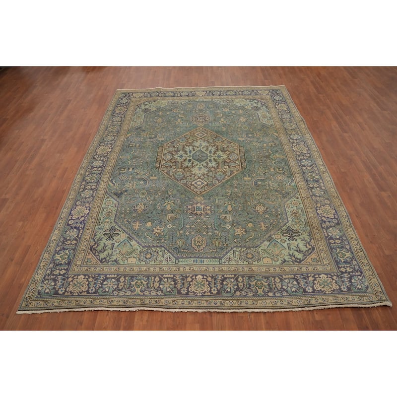 Hand Knotted Oriental 100% Wool Carpet Traditional Floral Navy Blue & Blues Tabriz Area Rug - 11' 0'' X 8' 2''