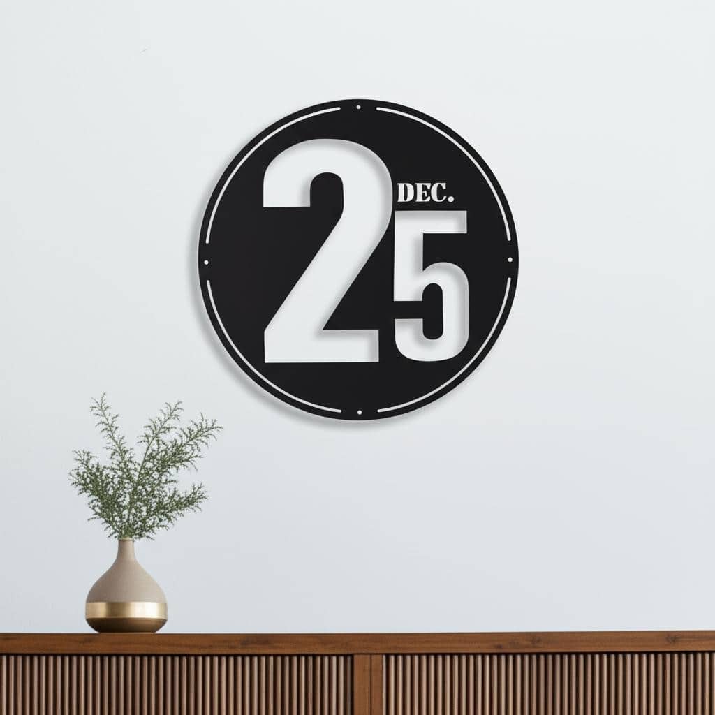 HomeRoots 24" X 24" Black Christmas Dec 25th Iron Circle Hanging Wall Decor