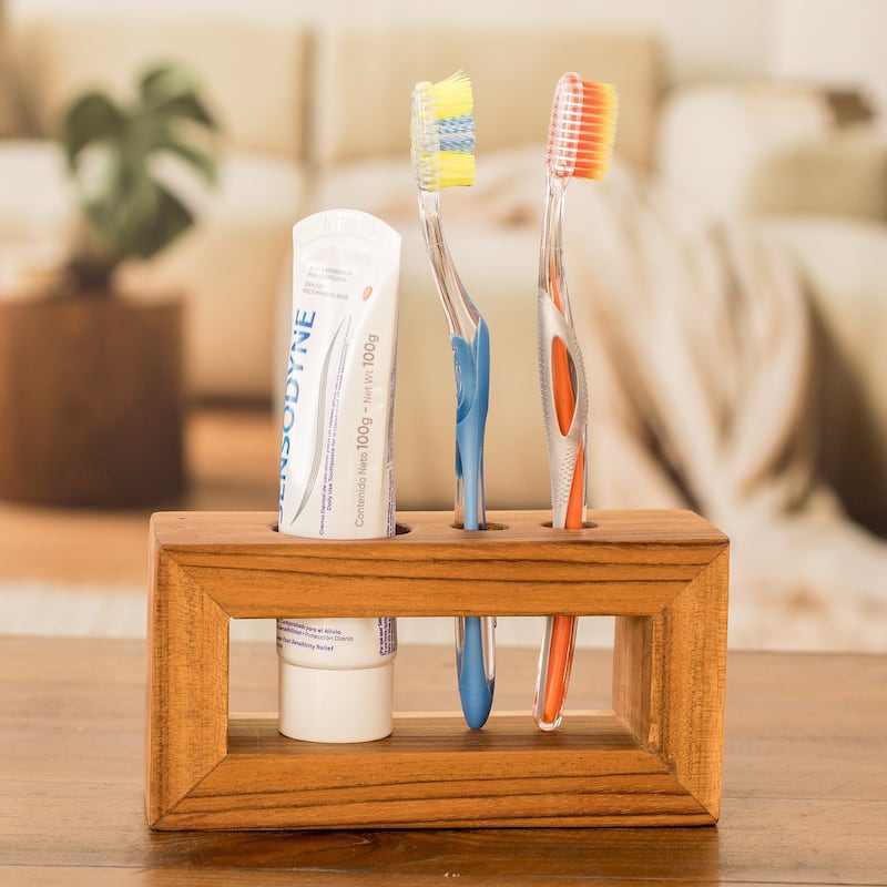 Novica Handmade Minimalist Plan Wood Toothbrush Holder - Brown