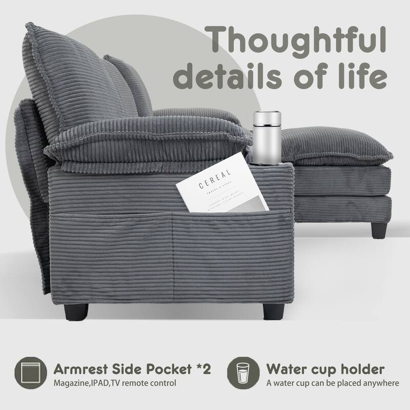L-Shaped Modular Sectional Sofa with Ottoman, Oversized Corduroy Upholstered Cloud Couch with Cup Holders & Side Pockets